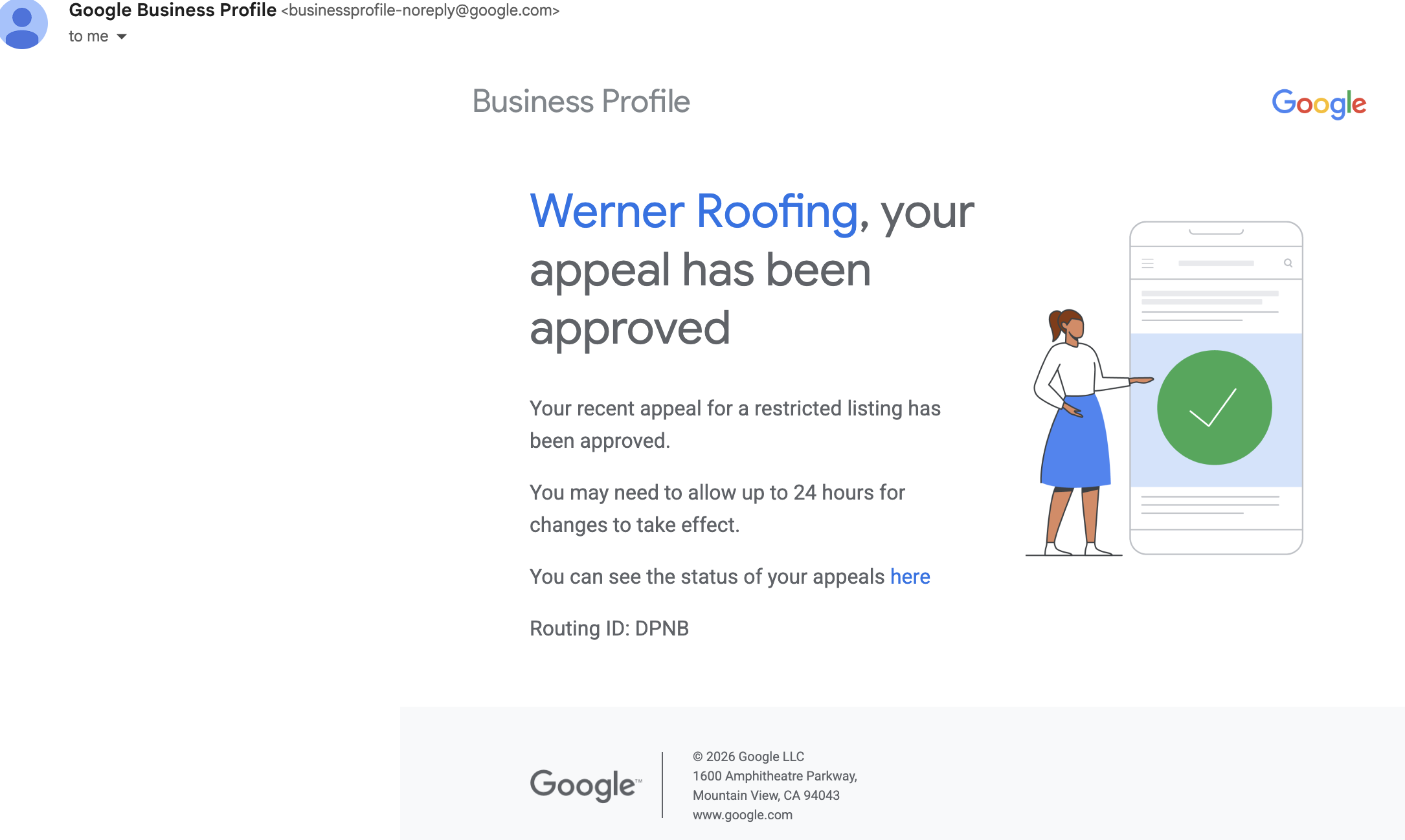 Google Business Profile reinstatement result
